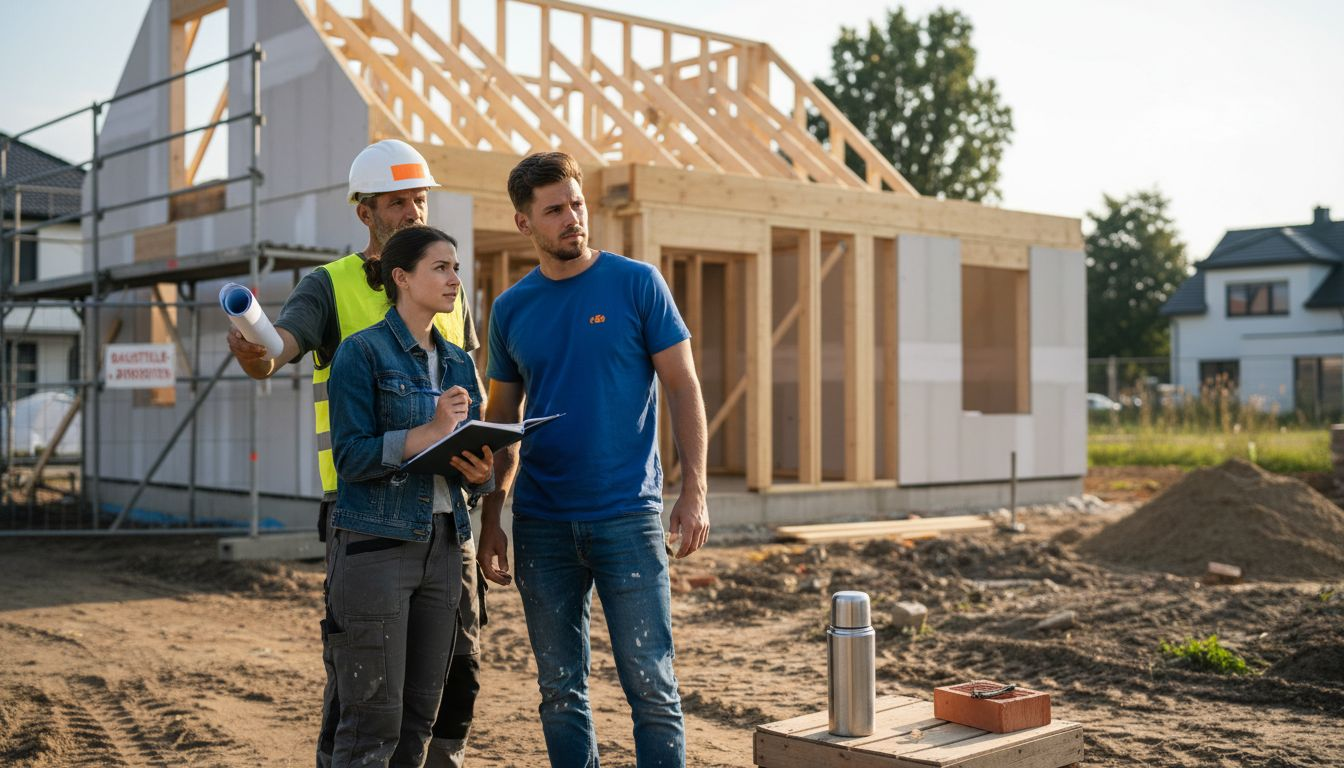 Ein Bauleiter bespricht gemeinsam mit einem Paar direkt auf der Baustelle die nächsten Schritte ihres Bauvorhabens.
