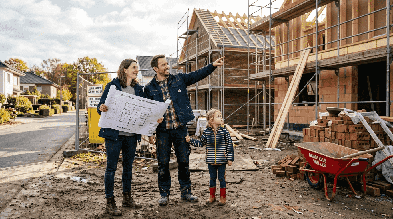Eine Familie verwirklicht ihren Traum vom Eigenheim und plant den Bau eines Hauses auf einem Grundstück.